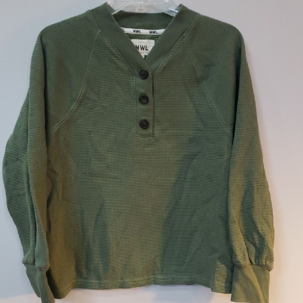 Madewell MWL Top Womens M Waffle Knit Green 3 Button Henley Gorpcore Cabincore